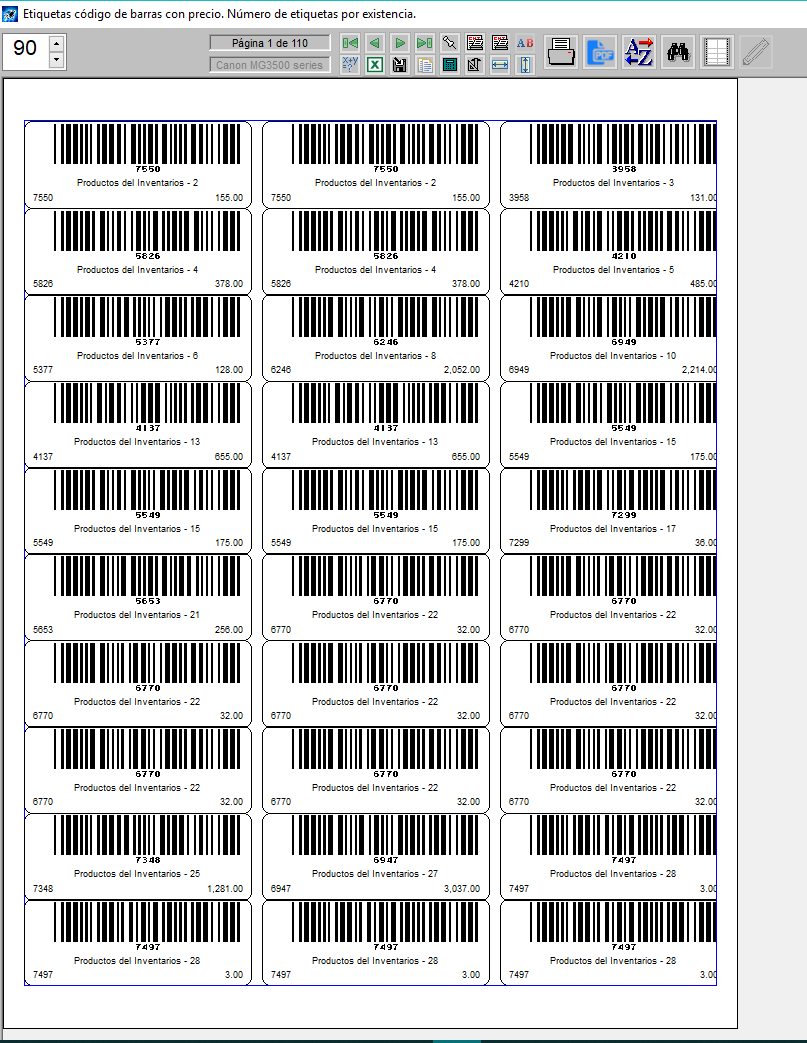 Pantallazo de impresión de código de barra con precio de ventas
