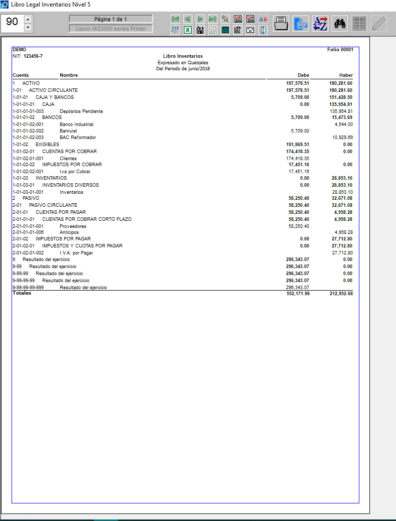 pantallazo libro de inventarios de cuentas contables